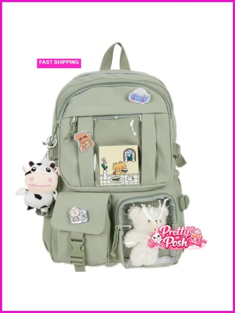 Large Capacity Kawaii Backpack with Bear Plush and Pin Accessories Aesthetic